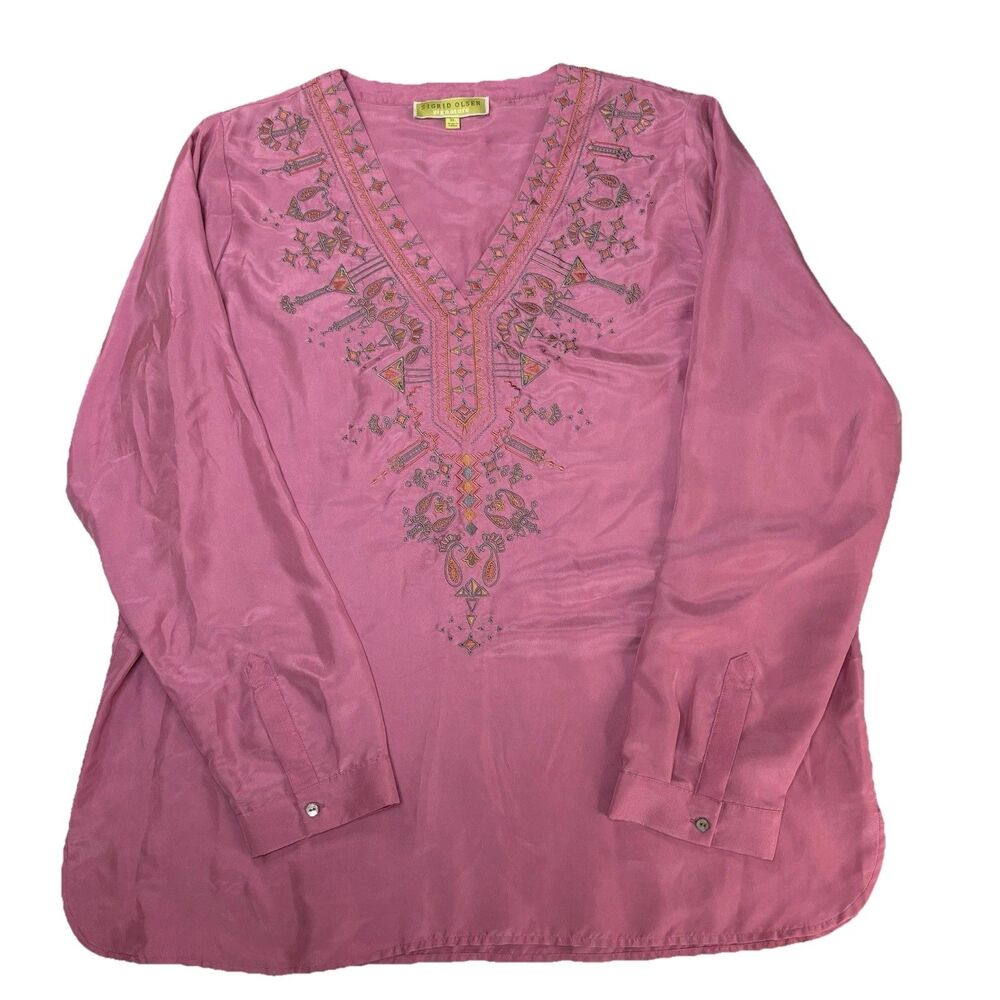 Sigrid Olsen Silk Blouse XL Embroidered V Neck Mauve Long Sleeve